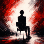 Persona stilizzata seduta su una sedia in ombra, con sfondo rosso, bianco e nero a pennellate artistiche, simbolo del cambiamento nel futuro del lavoro.