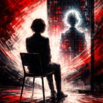 Figura in ombra seduta su una sedia che osserva il proprio riflesso digitale, su sfondo rosso, bianco e nero a pennellate artistiche, simbolo dell’identità professionale nell’era dell’intelligenza artificiale.