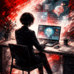 Persona in ombra seduta alla scrivania davanti a schermi digitali con grafici e cervello artificiale, su sfondo rosso, bianco e nero a pennellate, simbolo del cambiamento tra IA e lavoro.