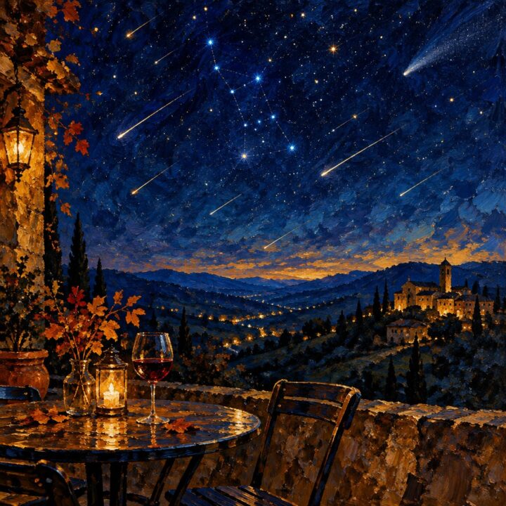 Dipinto a pennellate delle meteore Orionidi nel cielo notturno di ottobre, associate alla cometa di Halley